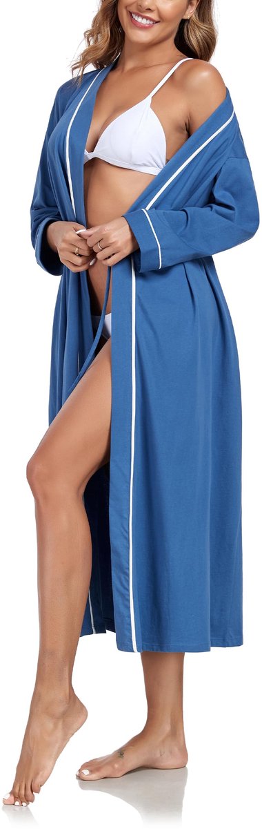 Dames Morgenmantel - Lange Kimono Stijl - Lichtgewicht en Zacht - Met Zakken - Azuurblauw, Maat S