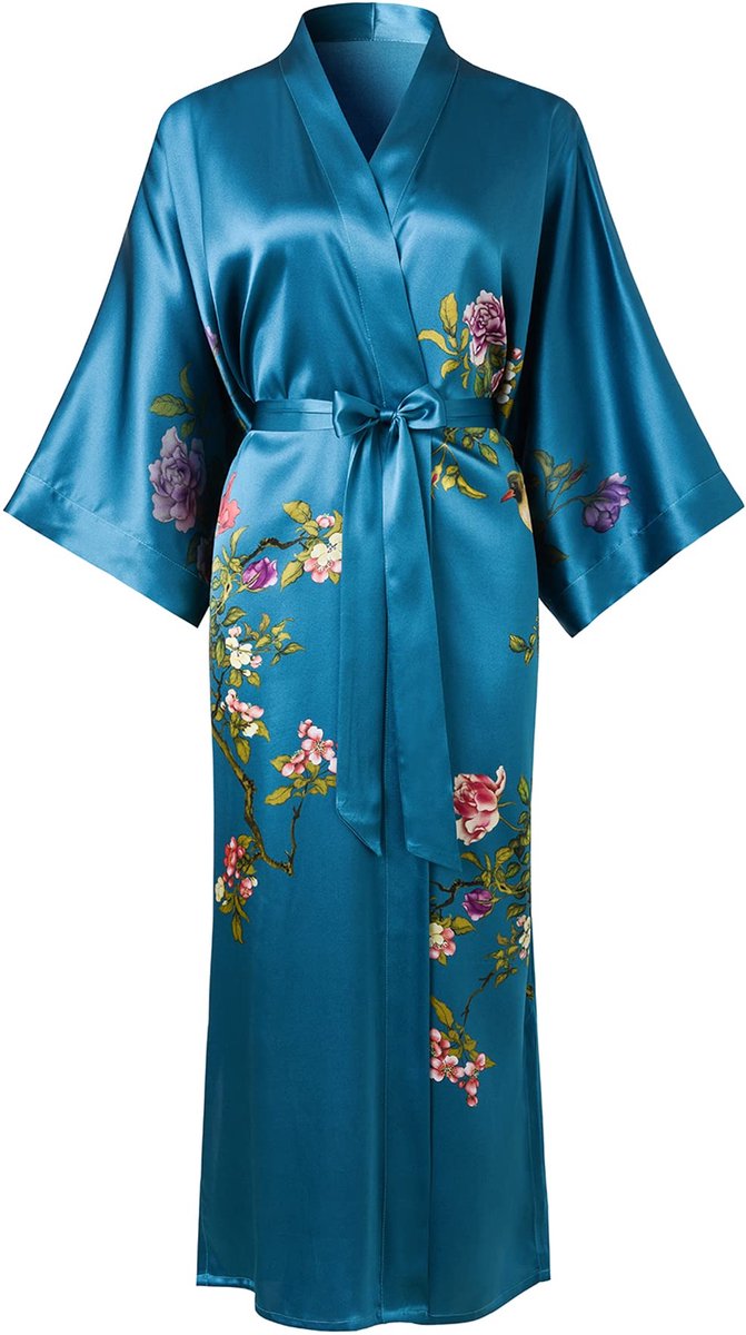 Dames Kimono Badjas - 100% Zijde - Klassiek Bloemenpatroon Morgenmantel - Donkerblauw