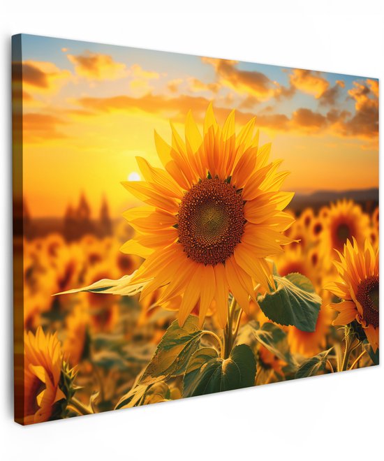 Tuinschilderij voor buiten 70x50 cm - Tuindecoratie Zonnebloem - Bloemen - Geel - Bloemenveld met zonnebloemen - Tuinposter op canvas - Tuin muurdecoratie - Buitenschilderij decoratie - Schutting wanddecoratie - Buitencanvas