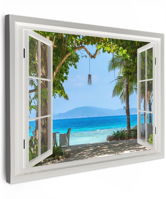 Tableau extérieur jardin 70x50 cm - Décoration de jardin Vue - Arbre - Mer - Palmier - Collines - Plage - Blauw - Poster jardin sur toile - Décoration Jardin - Décoration tableau extérieur - Décoration murale clôture - Toile extérieur