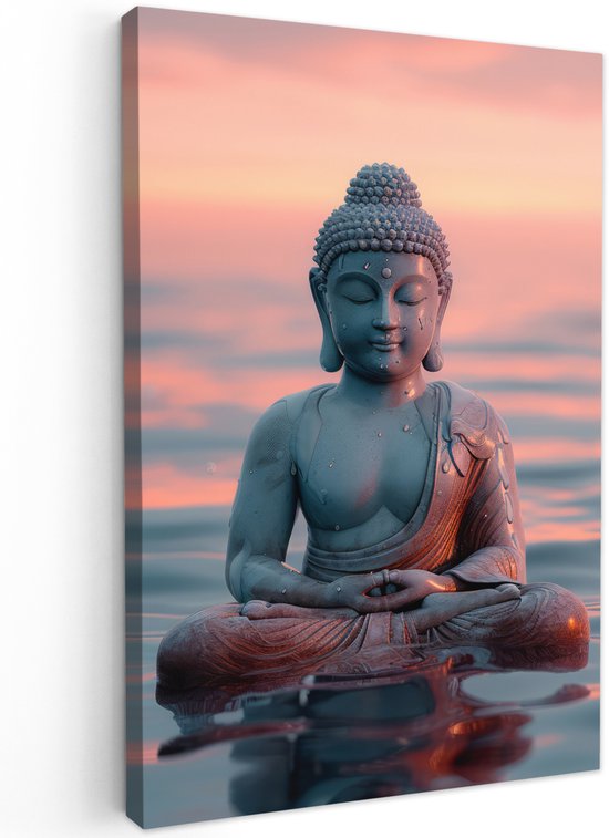 Tuinschilderij voor buiten 80x120 cm - Tuindecoratie Boeddha - Beeld - Buddha - Water - Kunst - Boedha - Tuinposter op canvas - Tuin muurdecoratie - Buitenschilderij decoratie - Schutting wanddecoratie - Buitencanvas