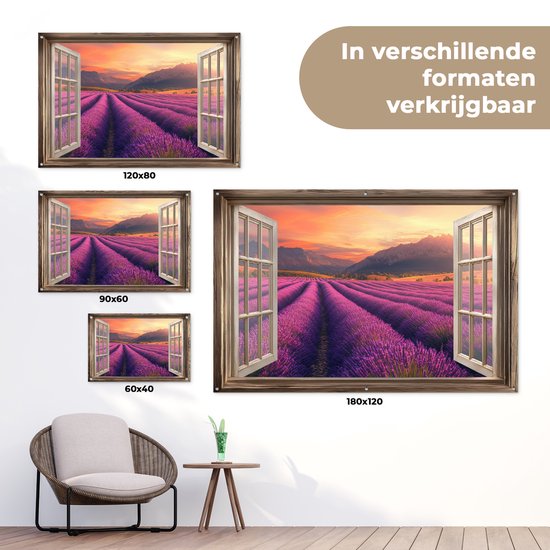 Tuinposter 120x80 cm - Tuindecoratie Doorkijk - Lavendel - Landschap - Bloemen - Paars - Poster voor in de tuin - Buiten decoratie - Schutting tuinschilderij - Tuindoek muurdecoratie - Wanddecoratie balkondoek