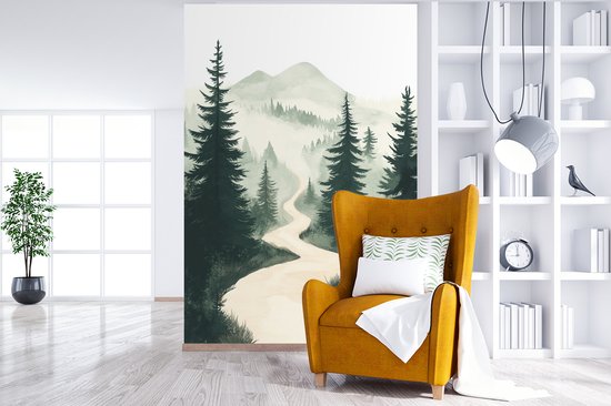 Behang - Fotobehang Pad - Bomen - Bos - Illustratie - Breedte 170 cm x hoogte 260 cm