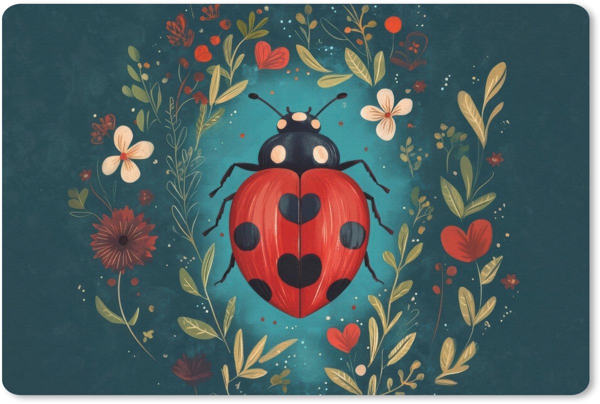 Muismat 27x18 cm - Mousepad Bloemen - Lieveheersbeestje - Hartje - Rood - Muismatten