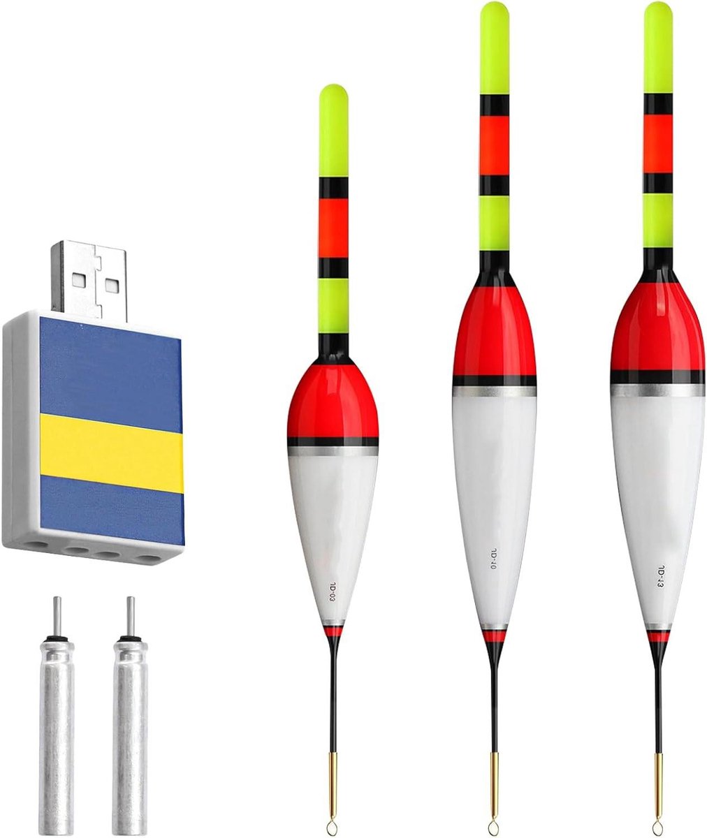 Allecto Plus - Dobbers 3 stuks met LED-verlichting en zwaartekrachtsensor voor vissen - Inclusief metalen basis - Visdobbers accessoires