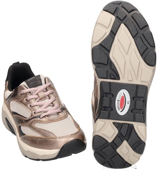 Grijze Gabor sneaker met roze veters en zool met 'rollingsoft' logo.