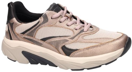 Grijze Gabor sneaker met mesh en leren overlays, roze veters en zwarte accenten.