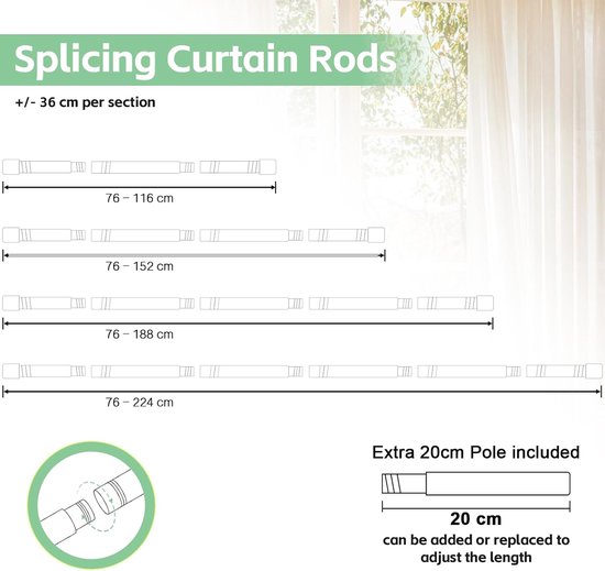 Retadou - Tringle à rideaux, 16 mm, tringle à rideaux, blanc mat, 76 - 117 cm, tringle à rideaux, extensible, tringle à rideaux, fixation murale, avec supports et embouts pour rideaux occultants, rideaux d'extérieur