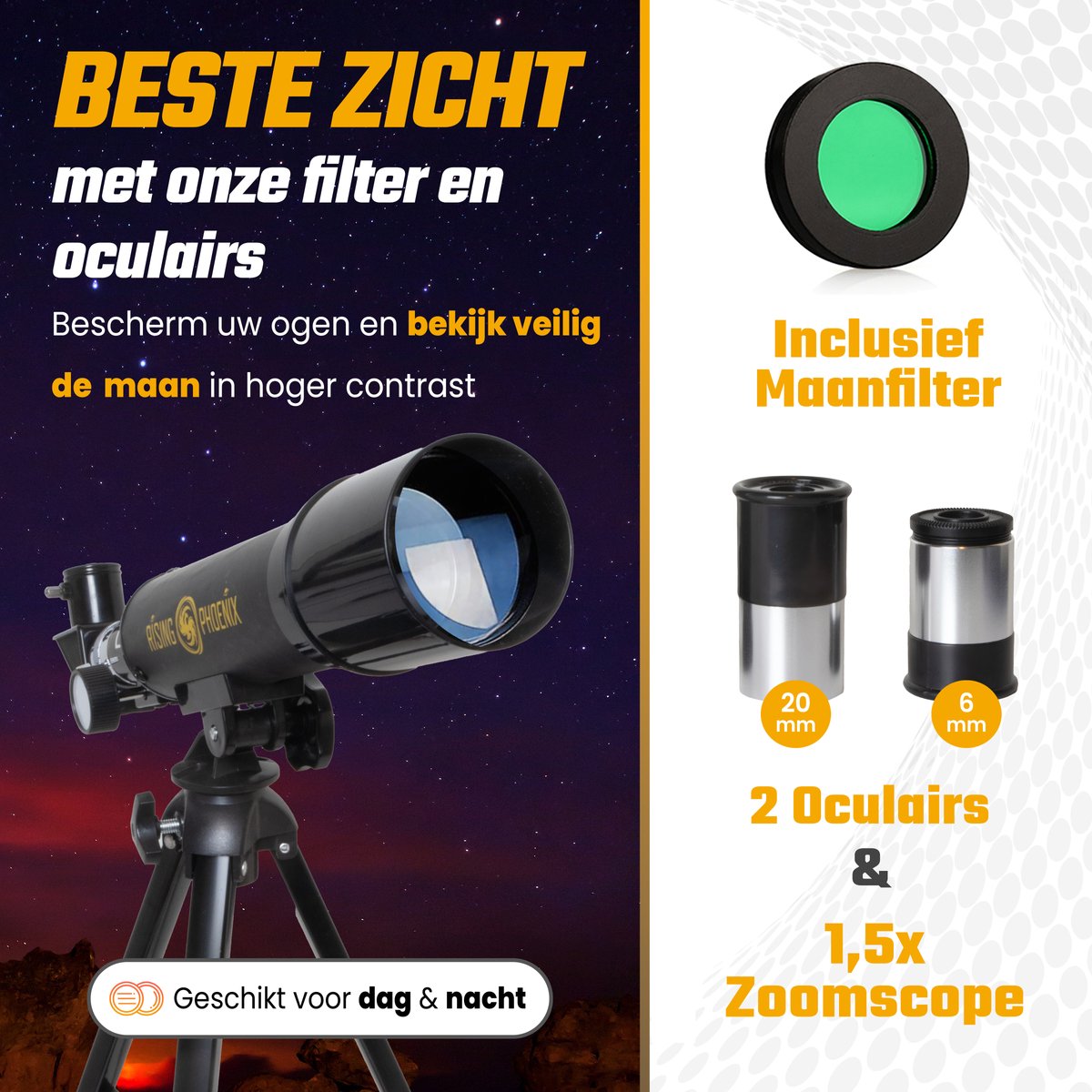 RP® Telescoop 90x Zoom Set - Sterrenkijker Kinderen / Beginners - Verstelbaar Statief - Maanfilter, Planisfeer, Stickerboek — afbeelding 2
