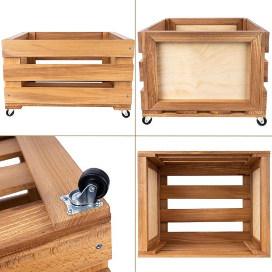 Navaris opbergkist voor LP's met krijtbord - Houten krat op wieltjes - Opbergbox voor 50-80 platen - Kist van hout in vintage stijl - Naturel