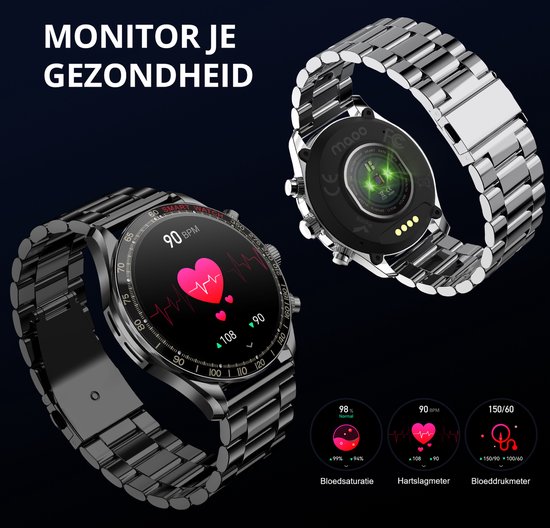 Maoo Titan AMOLED Smartwatch Heren - Stainless Steel en 2 TPU bandjes - Stappenteller - Hartslagmeter - Slaapmonitor - Multisport - Geschikt voor Android en iOS - Zilver