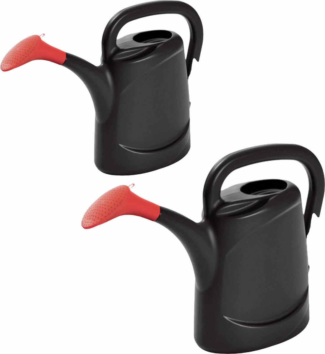 Voordeelset van 2x stuks kunststof tuin gieters 7.5 en 10 liter zwart - Met sproeikop/broeskop - Bloemen/planten water geven