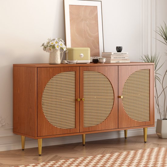 Sweiko Kast met 3 rotan decoratieve deuren, vijf emmerkast met metalen handvatten, geschikt voor slaapkamers, woonkamer, kantoren, walnoothout 129.8x40x76cm
