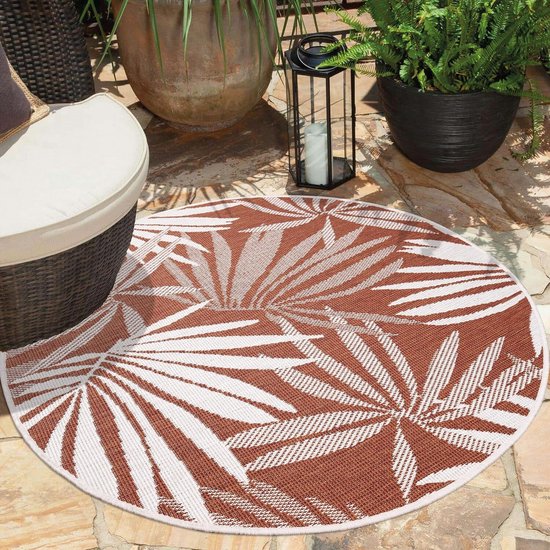 Flycarpets Rond Binnen & Buitenkleed Omkeerbaar - Palm - Rio Indoor & Outdoor - Terra / Creme - 160x160 cm