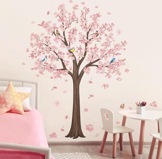 Foto: Grote roze bloesemboom muurstickers bloementak vogels muurtattoo babykinderkamer slaapkamer woonkamer tv achtergrond wanddecoratie