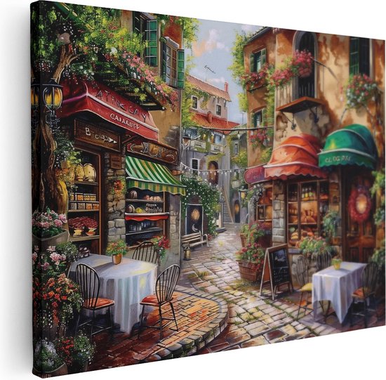 Artaza Canvas Schilderij Italiaans Straatje - 120x90 cm - Groot - Wanddecoratie Terras - Muurdecoratie Bloemen - Schilderijen Op Canvas