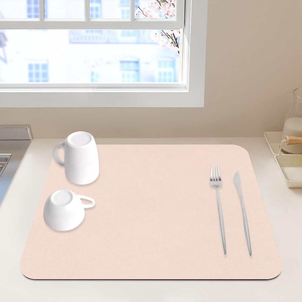 Goedkoopste Vaatdroogmat, sneldrogende spoelbakmat, koffiezetapparaat, droogmat, antislip droogmat voor serviesgoed, koffiezetapparaat, aanrecht (40 x 50 cm, beige
