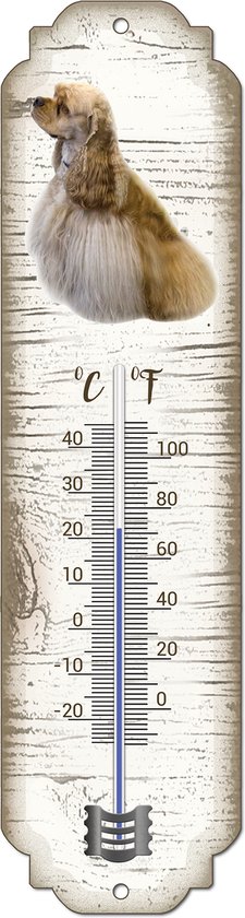 Thermomètre à motif bois avec une illustration de Cocker Spaniel américain, affichant les échelles Celsius et Fahrenheit.