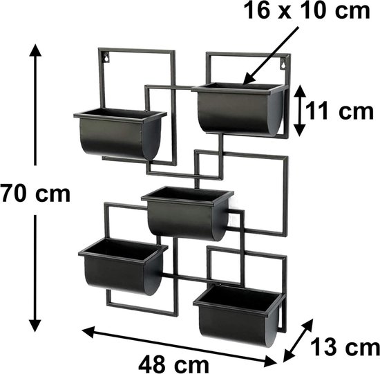 Pure Black Kruidenrek voor aan de muur, van metaal, met 8 haken, zwart, Scandinavisch