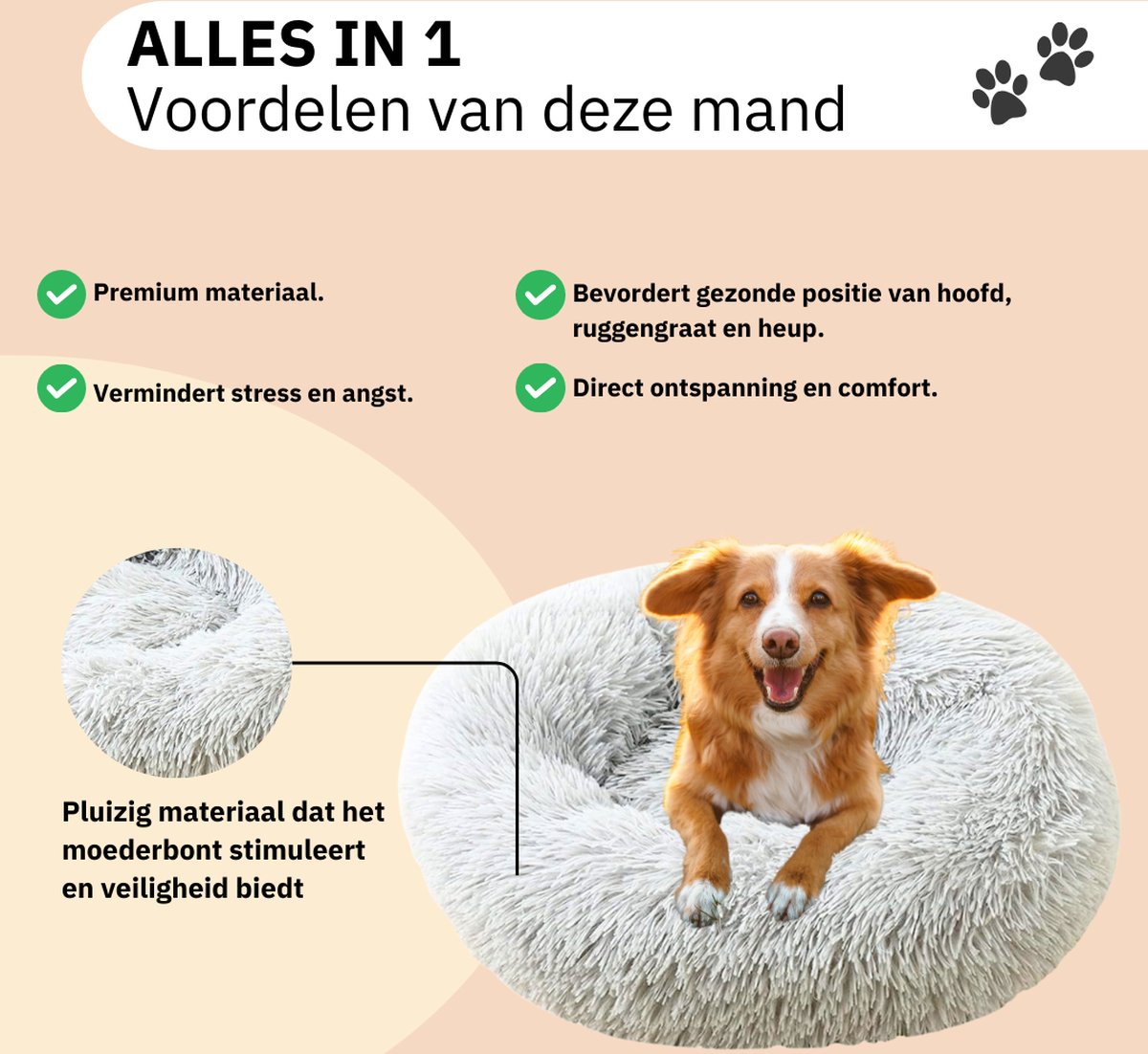 Donut Hondenmand - Kattenmand - Maat M - 60cm (ligvlak van 45cm) - Lichtgrijs - Fluffy en Wasbaar thumbnail 2