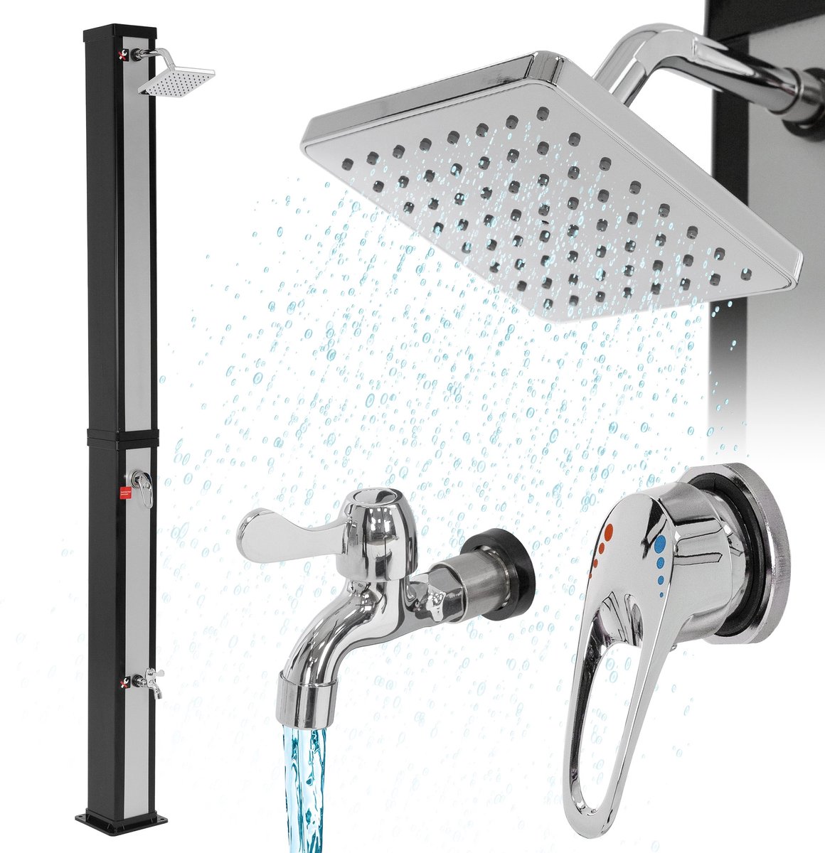 Zonnedouche 40L met voetdouche en regendouchekop 217 cm Zilver/Zwart ML-Design