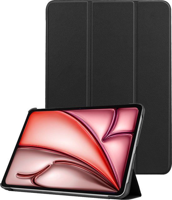 Étui de tablette noir, plié en trois, partiellement ouvert pour montrer la tablette.