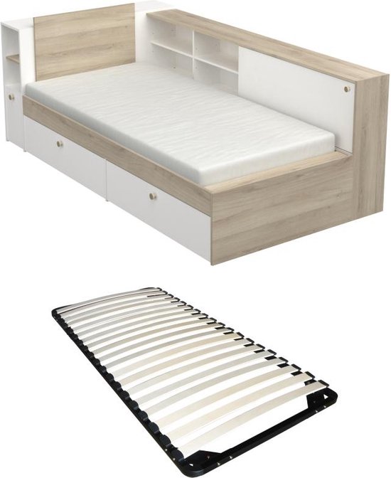 Bed 90 x 200 cm met opbergruimte - Wit en houtlook + bedbodem - LIARA L 229.4 cm x H 87.7 cm x D 119.2 cm