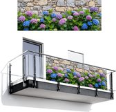 Balkonscherm 300x110 cm - Balkonposter Hortensia - Bloemen - Bladeren - Stenen - Balkon scherm decoratie - Balkonschermen - Balkondoek zonnescherm