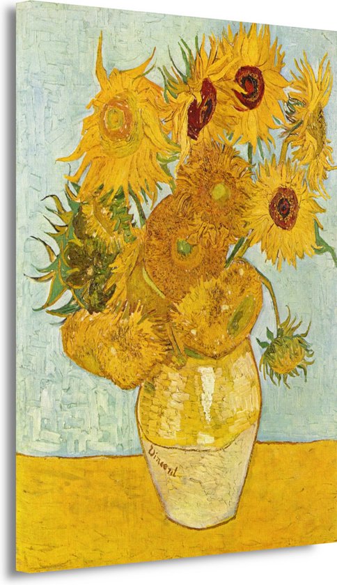 Vaas met twaalf zonnebloemen - Vincent van Gogh schilderijen - Zonnebloemen wanddecoratie - Canvas schilderij Natuur - Schilderij vintage - Canvas schilderijen - Muurdecoratie slaapkamer 40x60 cm