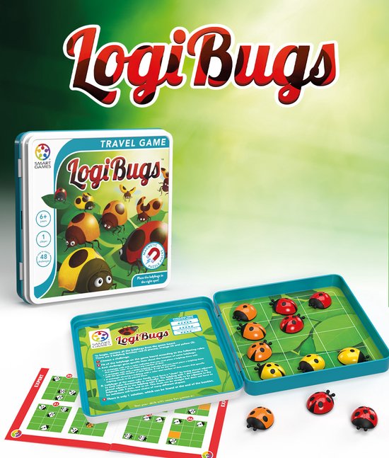 Jeu de voyage LogiBugs ouvert, montrant le plateau de jeu rempli de coccinelles et des pièces détachées à côté.