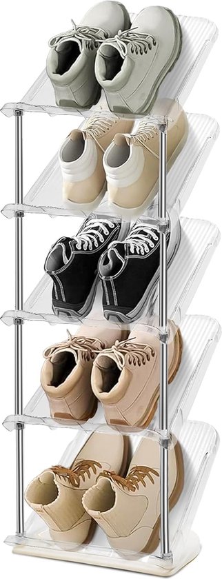Bastix - Schoenenrek 5 niveaus, doe-het-zelf schoenenrek, smal schoenenrek, schoenenkast, schoenenopberger, transparant, stapelbaar om ruimte te besparen, schoenenstandaard voor entree, woonkamer, badkamer