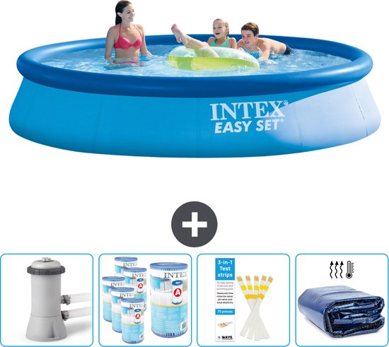 Intex Rond Opblaasbaar Easy Set Zwembad - 396 x 84 cm - Blauw - Inclusief Pomp Filters - Testrips - Solarzeil
