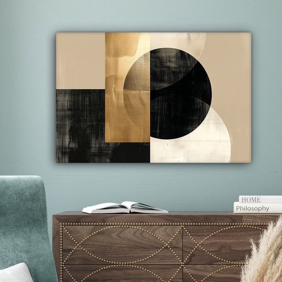Peinture sur toile 90x60 cm - Décoration murale Abstrait - Moderne - Zwart - Or - Décoration murale salon - Décoration chambre moderne - Tableaux abstraits