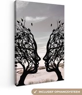 Canvas schilderij 80x120 cm - Wanddecoratie Bomen - Gezicht - Bladeren - Moderne kunst - Muurdecoratie woonkamer - Kamer decoratie modern - Abstracte schilderijen