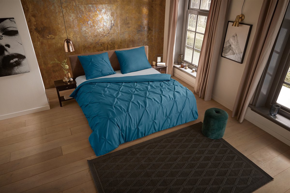 Pure dekbedovertrek luxe stiksel plooien - Lits jumeaux 240x200/220 cm - Petrol - Microvezel