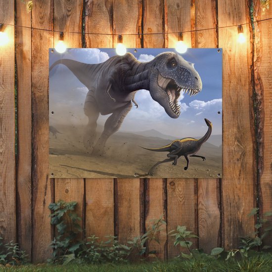 Affiche de jardin Dino - Animaux sauvages - Dessin - Enfants - Garçons - Enfants - 130x90 cm - Décoration murale Extérieur - Affiche de jardin - Toile de jardin - Affiche de clôture - Peinture de jardin