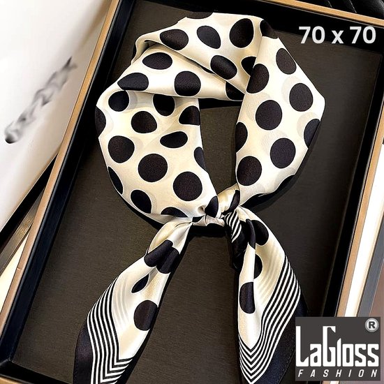 LaGloss® Luxe Vintage Zwart Witte Gestipte Sjaal - Winddicht & Zonbeschermend - Hoofddoek - Haar accessoire - Zwart/Wit Kleurblok - Vierkant - 70 x 70 cm %%
