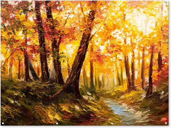 Peinture à l'huile d'une forêt aux couleurs d'automne avec un sentier et de l'eau.