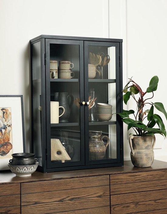 ML-Design Vitrine voor woonkamer, 80 x 175 x 40 cm, zwart, kast met 5 opbergvakken/planken en 2 deuren, metaal van staal, industriële stijl, commode archiefkast voor kantoor