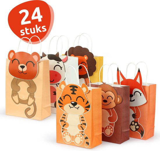 Isa's Friends® Uitdeelzakjes met Handvat Zoo - 24 stuks - Stevig Papier - Traktatie zakjes