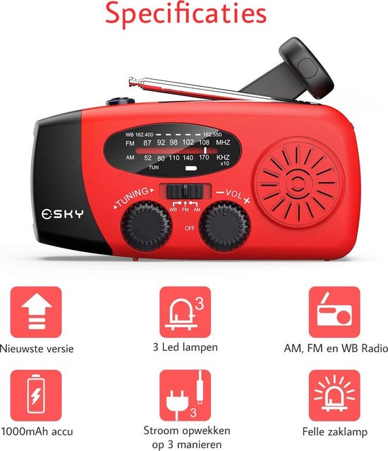 Draagbare noodradio - Powerbank 2000 mAh - Zaklamp - Solar opwindbaar - SOS alarm - USB-C kabel - Noodpakket - Kunststof - rood