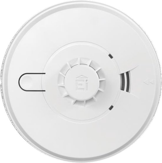 Witte rookmelder met een centrale witte behuizing, met ventilatieopeningen en een "Ei" logo.