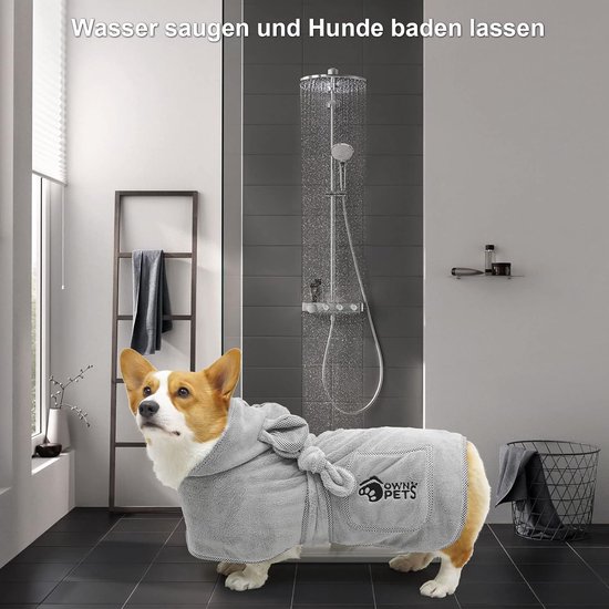 Bibykivn Badjas voor honden en katten, microvezel, verstelbaar, sneldrogend, met klittenbandsluiting, absorberend, handdoeken voor bad of regen, M, grijs met groen
