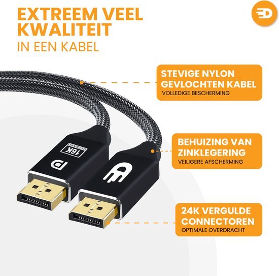 Zwarte gevlochten kabel met stevige behuizing van zinklegering en 24K vergulde connectoren.
