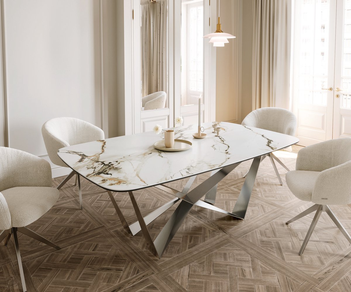 DELIFE Eetkamertafel Edge wit-goud-grijs Boot keramiek Calacatta Luxe 200x100 spider vlak staal RVS Weiß-Gold-Grau