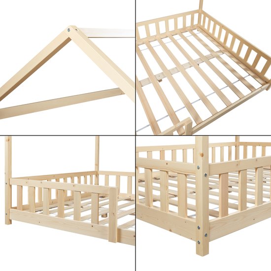 Close-up van een houten ledikant in huisjesstijl, met gedetailleerde inkijk op het bedframe en de lattenbodem.