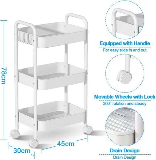 Chariot De Rangement 3 Ou 4 Niveaux Avec Roulettes - Dimensions 42x29 Cm, Hauteur 56 Ou 79 Cm - Blanc, Plastique Résistant - Pour Cuisine, Salle De Bain, Bureau