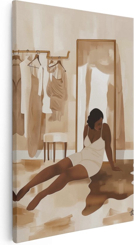 Artaza Canvas Schilderij Vrouw die op de Vloer ligt voor een Spiegel - 80x120 - Groot - Foto Op Canvas - Canvas Print
