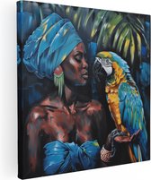 Artaza Canvas Schilderij Kunstwerk van een Vrouw met een Papegaai - 50x50 - Wanddecoratie - Foto Op Canvas - Canvas Print
