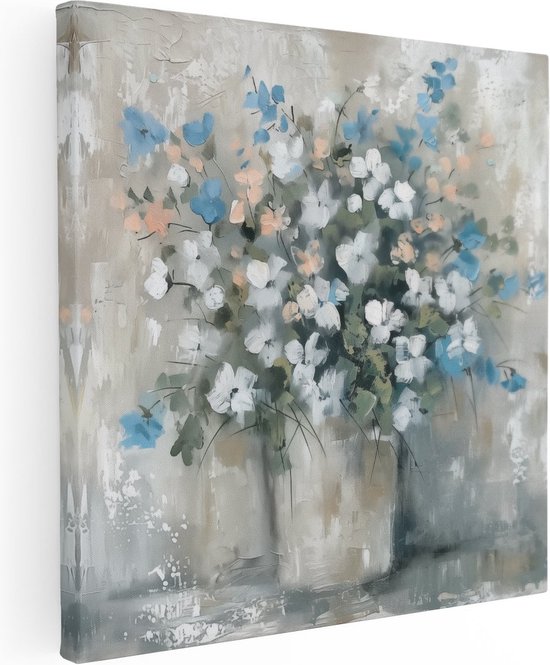 Artaza Canvas Schilderij Blauwe en Witte Bloemen in een Vaas - 50x50 - Wanddecoratie - Foto Op Canvas - Canvas Print